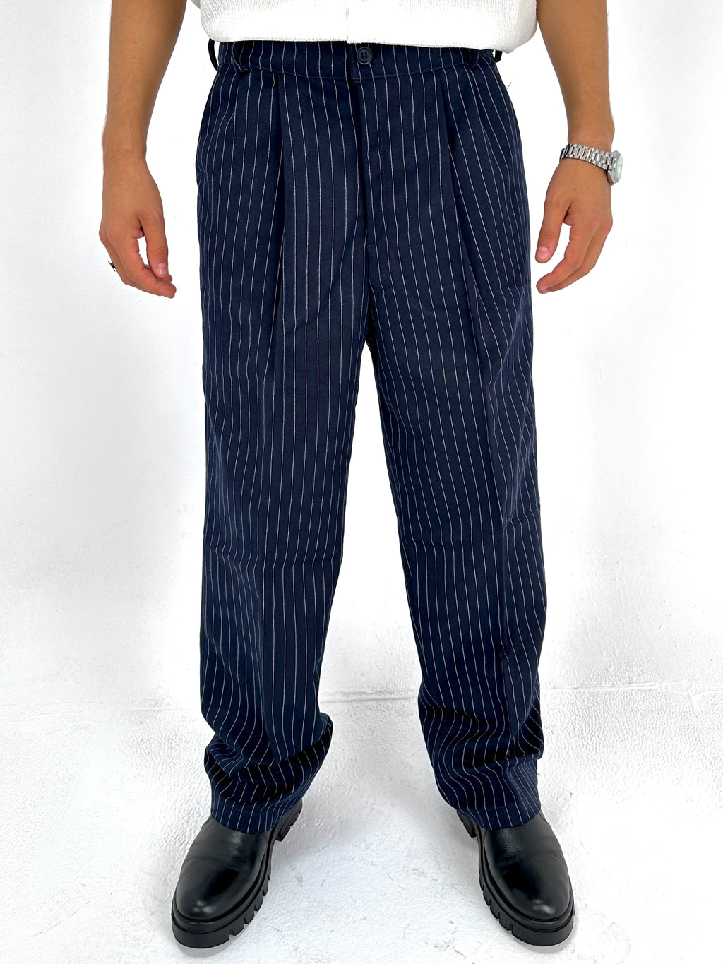 Pinstriped Pants - Navy Blue